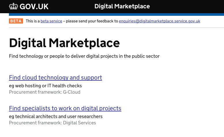 Digital Marketplace start page 