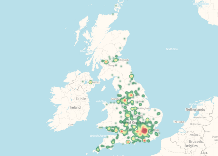 Heat map of UK based Digital Outcomes and Specialists suppliers