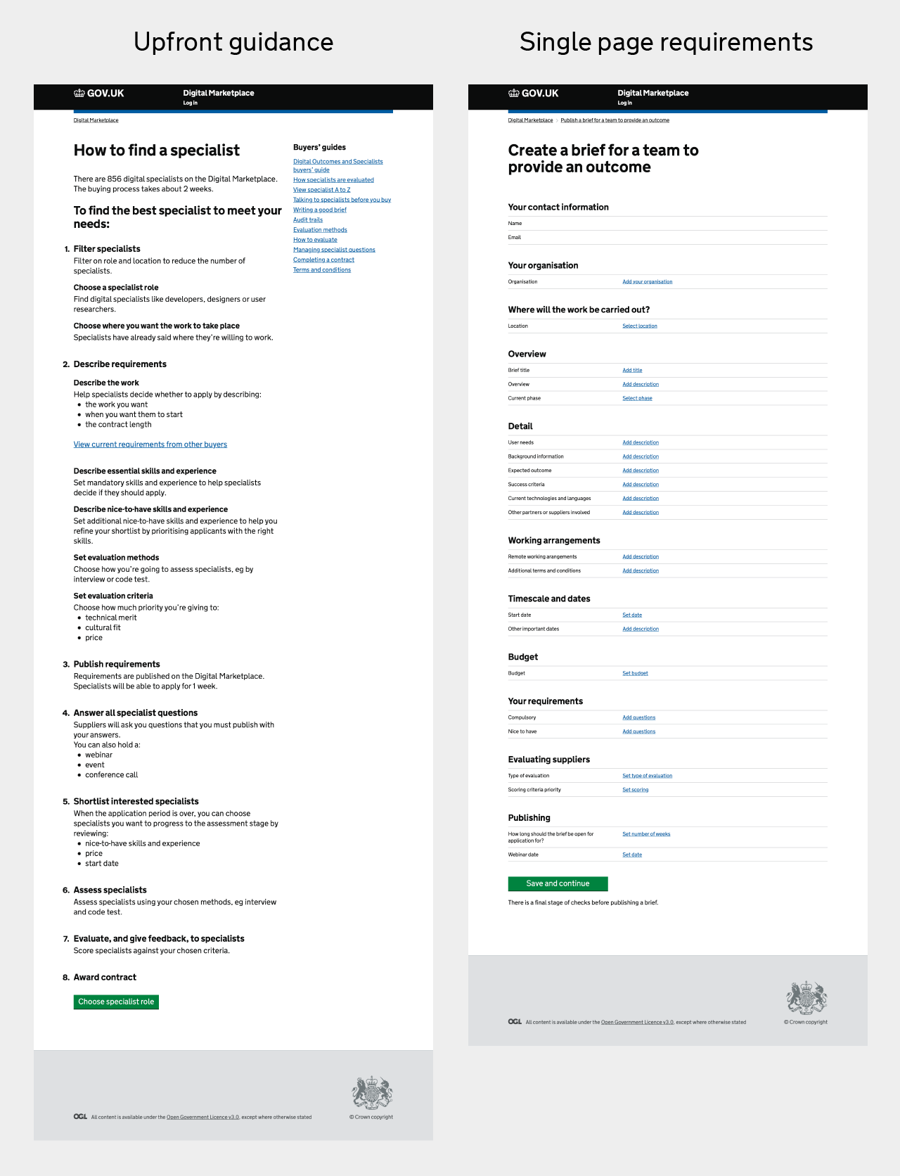 The image on the left shows all the guidance upfront on one page. The image on the right shows how buyers can add their requirements in a single long page